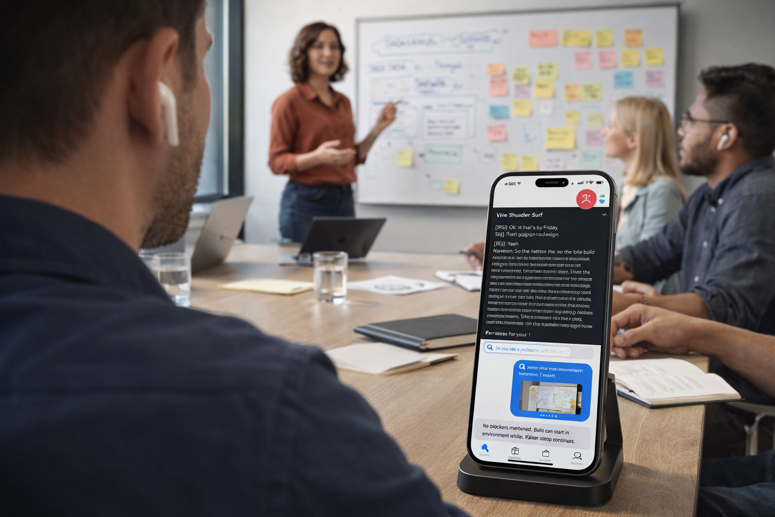 People in a meeting room with Shoulder Surf running on an iPhone on the desk, everyone engaged and looking up