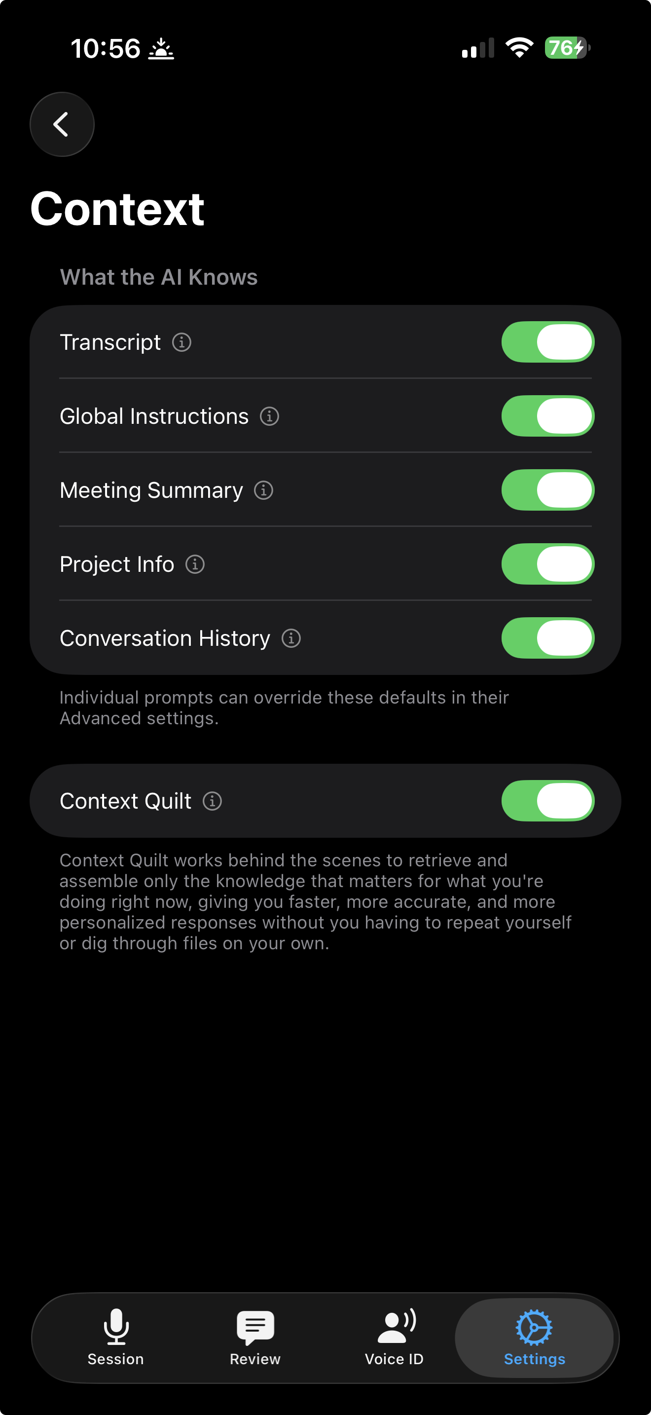 Meeting Memory settings showing what the AI knows